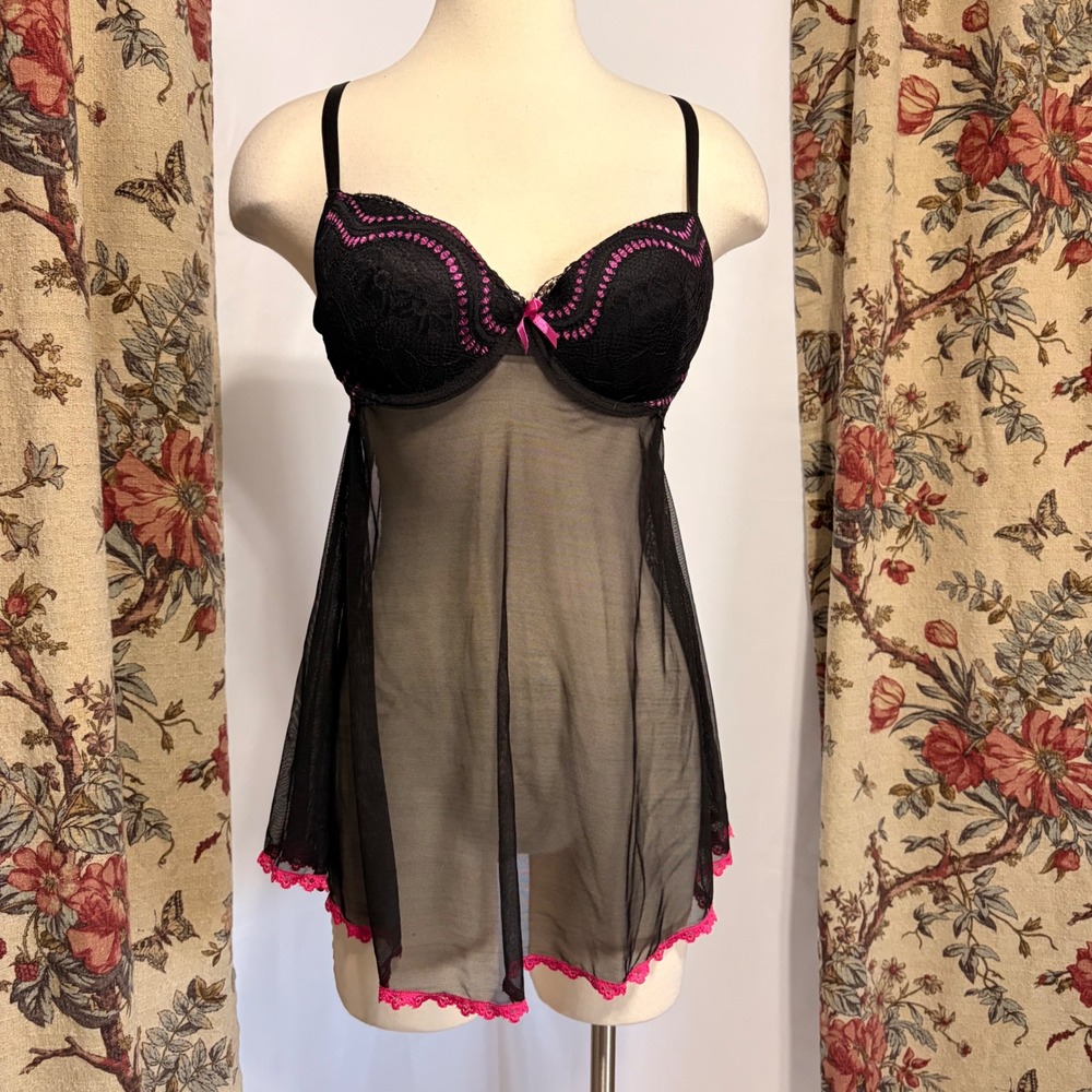 Tracy Y2k Adorable Black Hot Pink Lace Mesh Babydoll Chemise Sheer Lingerie Top